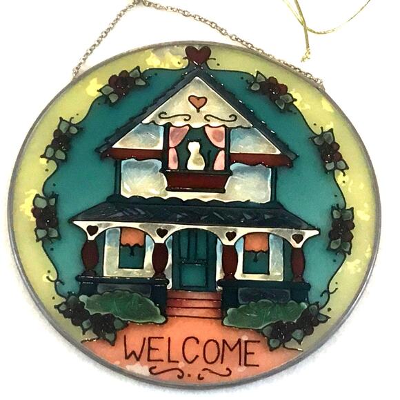 Joan Baker Welcome Suncatcher Window Home Cat Flowers Hearts - Picture 3 of 5